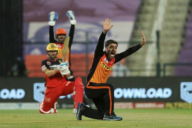 Abu Dhabi: Rashid Khan of Sunrisers Hyderabad appeals unsuccessfully for a wicket during the eliminator match of the Indian Premier League (IPL) against Royal Challengers Bangalore at the Sheikh Zayed Stadium, in Abu Dhabi, Friday, Nov. 6, 2020. (PTI Photo/Sportzpics) (PTI06-11-2020_000232B) (PTI)