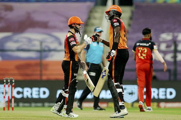 Abu Dhabi: Jason Holder and Kane Williamson of Sunrisers Hyderabad during the eliminator match of Indian Premier League (IPL) against Royal Challengers Bangalore, in Abu Dhabi, Friday, Nov. 6, 2020. (PTI Photo/Sportzpics for BCCI) (PTI06-11-2020_000251A) (PTI)
