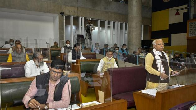 Haryana chief minister Manohar Lal during a session of the Haryana Vidhan Sabha in Chandigarh on Thursday.(PTI) Haryana chief minister Manohar Lal during a session of the Haryana Vidhan Sabha in Chandigarh on Thursday.(PTI)