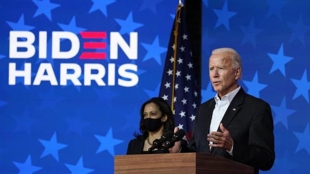 Democratic presidential candidate Joe Biden speaks on November 5 along with running mate Kamala Harris. (AP) Democratic presidential candidate Joe Biden speaks on November 5 along with running mate Kamala Harris. (AP)