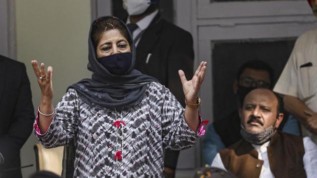 PDP president Mehbooba Mufti addressing party workers during her visit to Jammu for the first time since her release from detention. (PTI) PDP president Mehbooba Mufti addressing party workers during her visit to Jammu for the first time since her release from detention. (PTI)