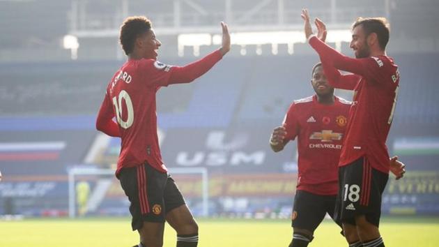 Photo of Manchester United’s Bruno Fernandes celebrating goal against Everton(Twitter)