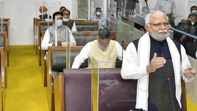 Chief minister Manohar Lal Khattar during the session at the Vidhan Sabha in Chandigarh on Friday. (HT Photo) Chief minister Manohar Lal Khattar during the session at the Vidhan Sabha in Chandigarh on Friday. (HT Photo)