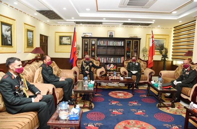 Nepal, Nov 05 (ANI): Indian Army Chief General Manoj Mukund Naravane meets General Purna Chandra Thapa, COAS Nepali Army, at its Headquarters in Kathmandu on Thursday. (ANI Photo)(ANI)