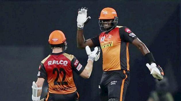 Abu Dhabi: Jason Holder and Kane Williamson of Sunrisers Hyderabad celebrate their win over Royal Challengers Bangalore in the eliminator match of Indian Premier League (IPL) 2020, in Abu Dhabi.(PTI)