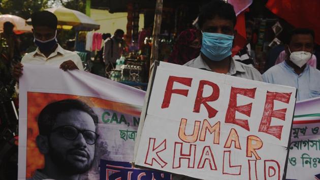 Members of the Welfare Party of India hold banners during a protest against the arrest of Umar Khalid under the UAPA charges in Delhi riots case, at Esplanade, in Kolkata, West Bengal, on Friday, September 18, 2020. (Photo Samir Jana / Hindustan Times) Members of the Welfare Party of India hold banners during a protest against the arrest of Umar Khalid under the UAPA charges in Delhi riots case, at Esplanade, in Kolkata, West Bengal, on Friday, September 18, 2020. (Photo Samir Jana / Hindustan Times)