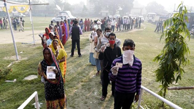 Voters stand in queues to cast their votes for the third phase of Bihar assembly election at Mahua in Vaishali on Saturday. (ANI File Photo) Voters stand in queues to cast their votes for the third phase of Bihar assembly election at Mahua in Vaishali on Saturday. (ANI File Photo)