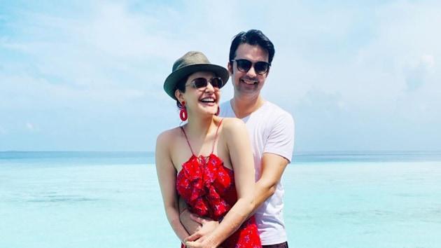 Kajal Aggarwal with husband Gautam Kitchlu at their honeymoon in Maldives.