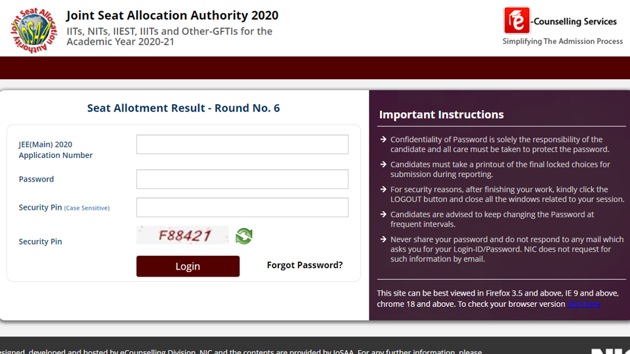 JoSAA 6th seat allotment result 2020.(Screengrab) JoSAA 6th seat allotment result 2020.(Screengrab)