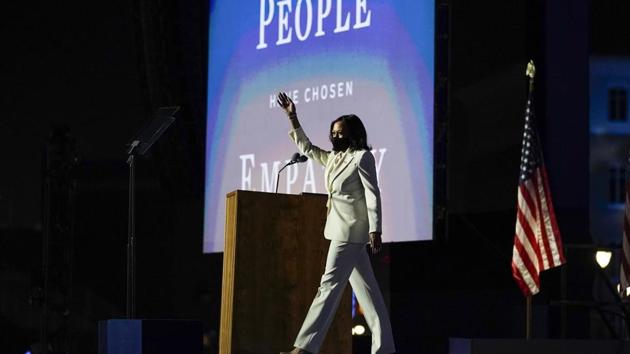 Vice President-elect Kamala Harris arrives to speaks in Wilmington. (AP) Vice President-elect Kamala Harris arrives to speaks in Wilmington. (AP)