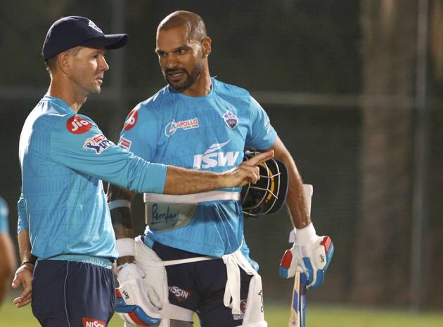 Delhi Capitals (DC) batsman Shikhar Dhawan with coach Ricky Ponting during a net session ahead of their Indian Premier League (IPL) play-off match against Mumbai Indians (MI), in Dubai. (PTI) Delhi Capitals (DC) batsman Shikhar Dhawan with coach Ricky Ponting during a net session ahead of their Indian Premier League (IPL) play-off match against Mumbai Indians (MI), in Dubai. (PTI)