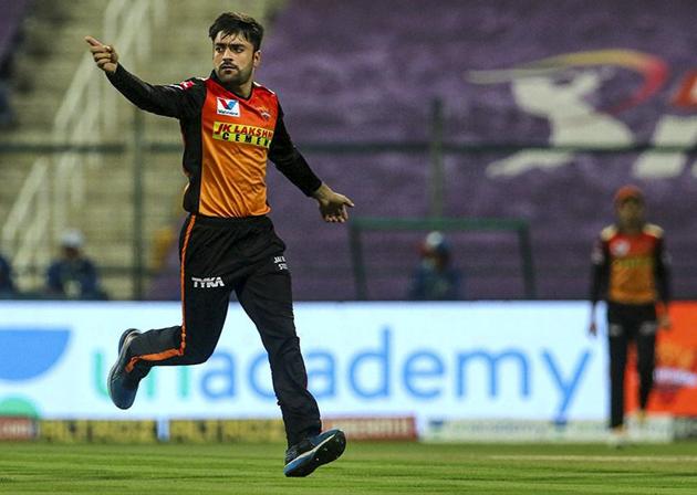 Abu Dhabi: Rashid Khan of Sunrisers Hyderabad celebrates the wicket of Marcus Stoinis of Delhi Capitals during Indian Premier League (IPL) cricket match, at Sheikh Zayed Stadium in Abu Dhabi, United Arab Emirates, Sunday, Nov. 8, 2020. (PTI Photo/Sportzpics for BCCI)(PTI08-11-2020_000164B) (PTI)