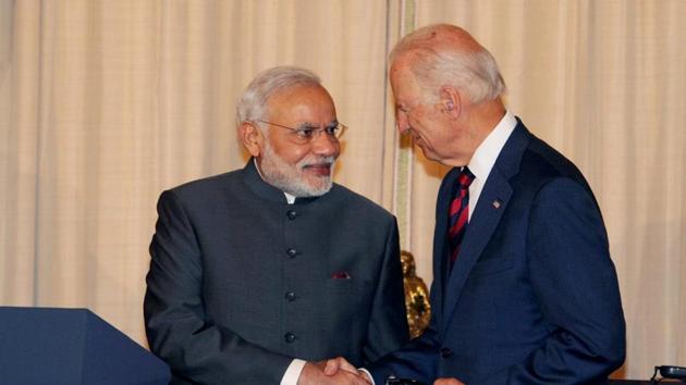 Prime minister Narendra Modi greets the then US vice president Joe Biden in Washington DC. Joe Biden has been elected as the 46th President of the United States. (PTI Archive) Prime minister Narendra Modi greets the then US vice president Joe Biden in Washington DC. Joe Biden has been elected as the 46th President of the United States. (PTI Archive)