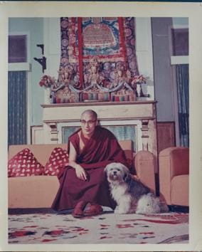 The Dalai Lama with his dog Senge at Swarg Ashram. (Image Courtesy Tendzin Choegyal and Rinchen Khando (John Faber)) The Dalai Lama with his dog Senge at Swarg Ashram. (Image Courtesy Tendzin Choegyal and Rinchen Khando (John Faber))