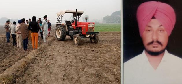 Villagers at the site where the clash took place at Kaleke village, 17km from Barnala, on Monday and (right) Kulwinder Singh, who was killed in the firing.(HT Photo)