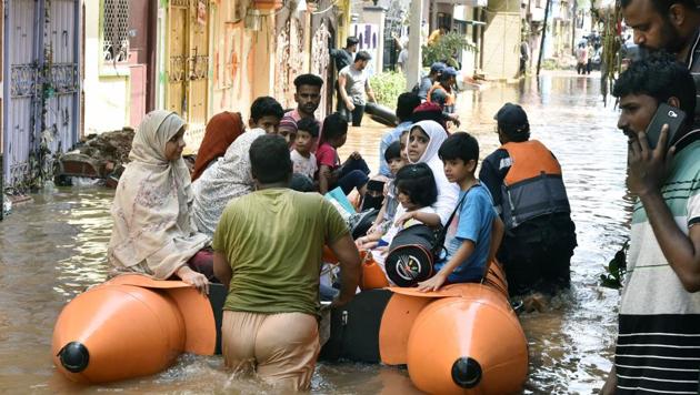 GHMC rescuing people including infants, children, and women from flood-affected Hafiz Baba Nagar following heavy rainfall, in Hyderabad on October 18, 2020.(ANI file photo) GHMC rescuing people including infants, children, and women from flood-affected Hafiz Baba Nagar following heavy rainfall, in Hyderabad on October 18, 2020.(ANI file photo)