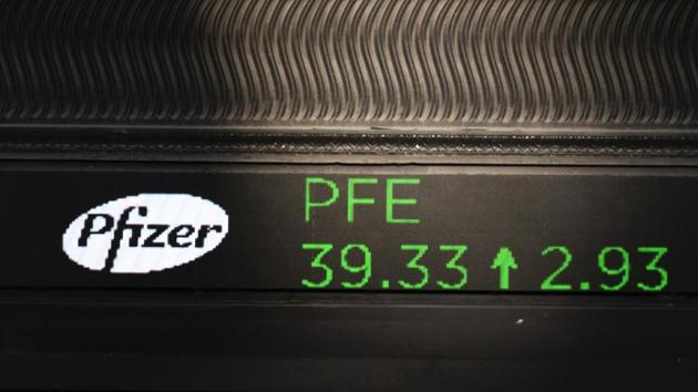 A stock ticker with Pfizer stock information is shown at the New York Stock Exchange.(AP)