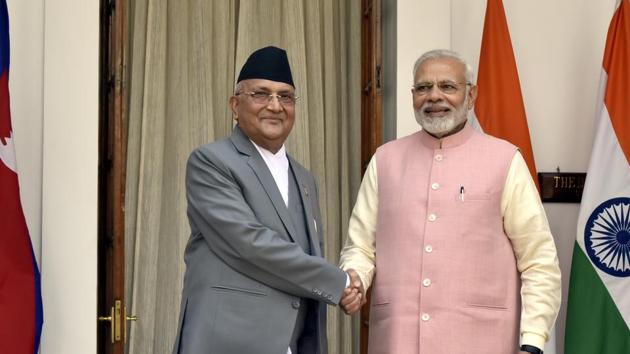 New Delhi, India- April 7, 2018: Prime Minister Narendra Modi with his Nepalese counterpart Khadga Prasad Oli before a meeting at Hyderabad House in New Delhi, India, on Saturday, April 7, 2018. (Photo by Sonu Mehta/ Hindustan Times)(Sonu Mehta/HT PHOTO)