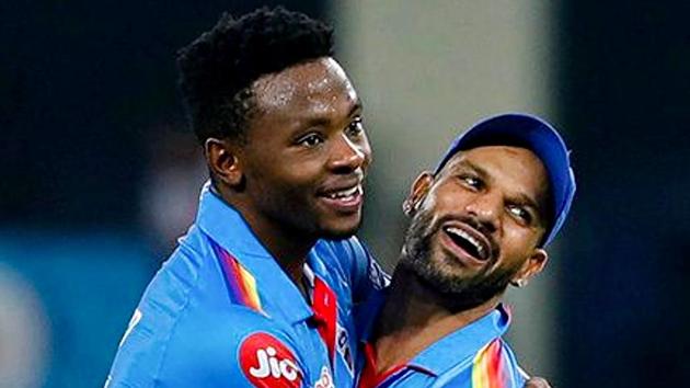 Delhi Capitals players Shikhar Dhawan and Kasigoda Rabada react after the wicket of Royal Challengers Bangalore player during the Indian Premier League 2020 cricket match, at Dubai International Cricket Stadium.(PTI) Delhi Capitals players Shikhar Dhawan and Kasigoda Rabada react after the wicket of Royal Challengers Bangalore player during the Indian Premier League 2020 cricket match, at Dubai International Cricket Stadium.(PTI)