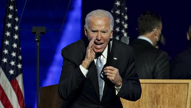 US President-elect Joe Biden yells to the audience after speaking during an election event in Wilmington, Delaware, US on Saturday, Nov. 7, 2020. Biden defeated Donald Trump to become the 46th US president.(Bloomberg Photo) US President-elect Joe Biden yells to the audience after speaking during an election event in Wilmington, Delaware, US on Saturday, Nov. 7, 2020. Biden defeated Donald Trump to become the 46th US president.(Bloomberg Photo)