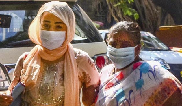 Mumbai: Shabana Saeed, wife of Bollywood producer Firoz Nadiadwala, arrives at NCB office after being arrested by the officials in connection with a drug case, in Mumbai.(PTI)