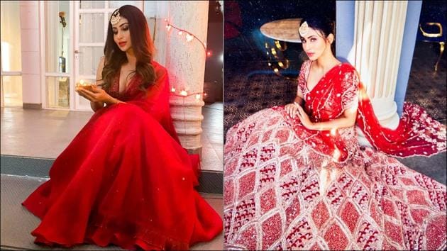 Check Mouni Roy’s deleted and new Diwali pictures in sultry red lehenga choli here(Instagram/imouniroy)