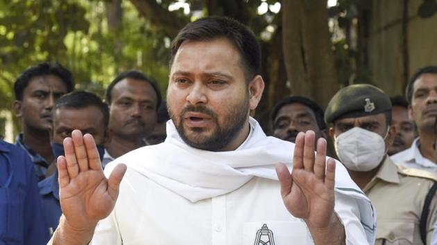 Rashtriya Janata Dal (RJD) leader Tejashwi Prasad Yadav addresses the media during the Bihar assembly elections in Patna in this file photo.(PTI Photo)