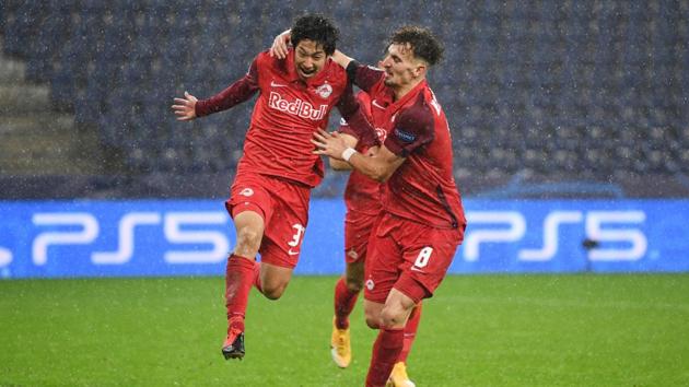 FC Salzburg's Masaya Okugawa celebrates scoring their second goal with teammates.(REUTERS) FC Salzburg's Masaya Okugawa celebrates scoring their second goal with teammates.(REUTERS)