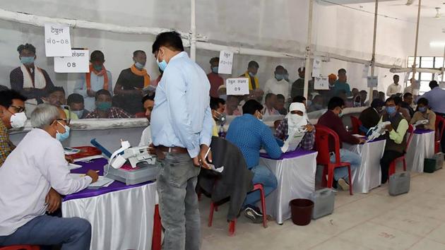 Counting of votes underway at a counting centre in Bihar on Tuesday. (ANI) Counting of votes underway at a counting centre in Bihar on Tuesday. (ANI)