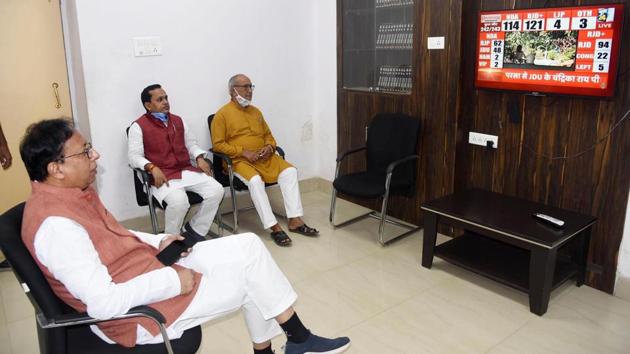 Bihar BJP president Dr. Sanjay Jaiswal (L) follows the election contest at the party office in Patna. The BJP, in alliance with the JD (U), the HAM(S) and the VIP party retains power in Bihar proving both forecasts of anti-incumbency sentiments and exit polls favouring the MGB wrong. With Bihar in the bag, the NDA is now in power in 16 states. (Santosh Kumar / HT Photo) 