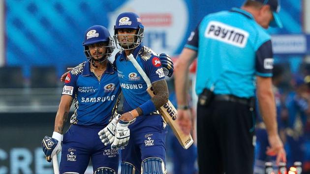 Ishan Kishan and Surya Kumar Yadav of Mumbai Indians celebrates their win over Delhi Capitals in the Indian Premier League (IPL) cricket at the Dubai International Cricket Stadium, in Dubai. (PTI) Ishan Kishan and Surya Kumar Yadav of Mumbai Indians celebrates their win over Delhi Capitals in the Indian Premier League (IPL) cricket at the Dubai International Cricket Stadium, in Dubai. (PTI)