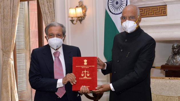 Members of the 15th Finance Commission led by Chairman, N.K. Singh called on President Ram Nath Kovind and submitted the Commission's report for 2021-26, at Rashtrapati Bhavan in New Delhi on Monday. (ANI Photo) Members of the 15th Finance Commission led by Chairman, N.K. Singh called on President Ram Nath Kovind and submitted the Commission's report for 2021-26, at Rashtrapati Bhavan in New Delhi on Monday. (ANI Photo)