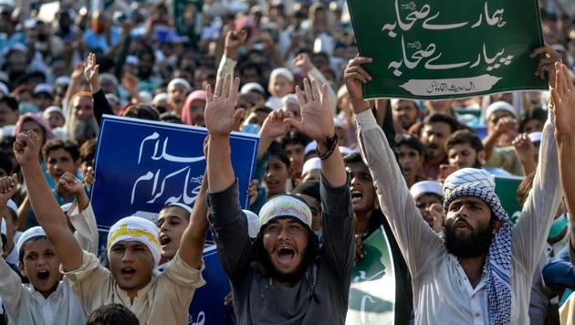 A protest against blasphemy in Pakistan. Blasphemy is a sensitive issue in the country. The murder of the mother-son duo was caused by their alleged blasphemous remarks, according to media reports.(AFP file)