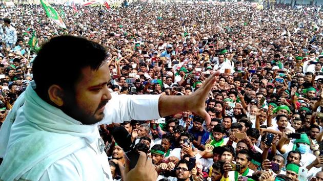 RJD leader Tejashwi Yadav addresses an election rally for Bihar Assembly elections, in Madhubani district on Nov 3, 2020.(PTI File Photo) RJD leader Tejashwi Yadav addresses an election rally for Bihar Assembly elections, in Madhubani district on Nov 3, 2020.(PTI File Photo)