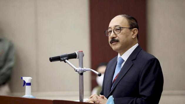 Foreign Secretary Harsh Vardhan Shringla delivers the inaugural address during the Sushma Swaraj Lectures 2020.(PTI)