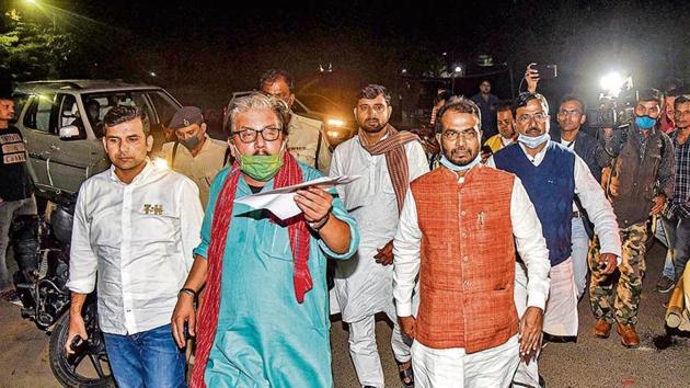 RJD leader Manoj Jha and other party leaders arrive at election office during the counting of votes for the Bihar Assembly election in Patna. (PTI Photo) RJD leader Manoj Jha and other party leaders arrive at election office during the counting of votes for the Bihar Assembly election in Patna. (PTI Photo)
