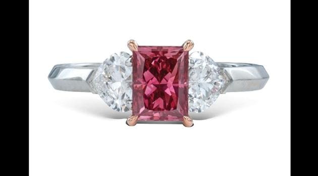 1.80 Carat Red Diamond Engagement Ring, Three Stone Engagement Ring, 14K  White Gold Certified