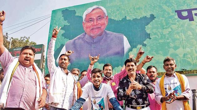Supporters of Janata Dal (United) celebrate the lead of their party alliance in initial results for the Bihar state assembly polls, in Patna. (AP Photo) Supporters of Janata Dal (United) celebrate the lead of their party alliance in initial results for the Bihar state assembly polls, in Patna. (AP Photo)