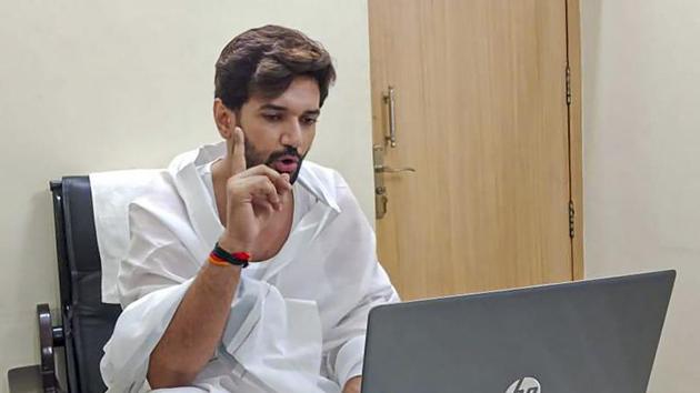 LJP President Chirag Paswan during a meeting with party candidates via video conferencing, ahead of Bihar Assembly Election, in New Delhi. (PTI)