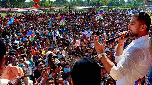 Lok Janshakti Party President Chirag Paswan addresses an election campaign rally ahead of Assembly polls, in Madubani district. (PTI) Lok Janshakti Party President Chirag Paswan addresses an election campaign rally ahead of Assembly polls, in Madubani district. (PTI)