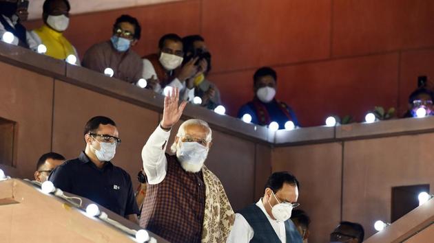 The Prime Minister addressed BJP workers at a thanksgiving programme in Delhi following the electoral victory in Bihar(Hindustan Times) The Prime Minister addressed BJP workers at a thanksgiving programme in Delhi following the electoral victory in Bihar(Hindustan Times)