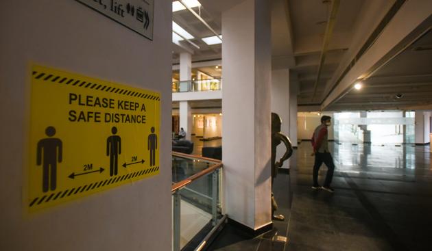 Social distancing markers placed inside National Gallery of Modern Art after it reopened amid coronavirus outbreak, in New Delhi, India, on Tuesday, November 10, 2020. (Amal KS/HT PHOTO) Social distancing markers placed inside National Gallery of Modern Art after it reopened amid coronavirus outbreak, in New Delhi, India, on Tuesday, November 10, 2020. (Amal KS/HT PHOTO)
