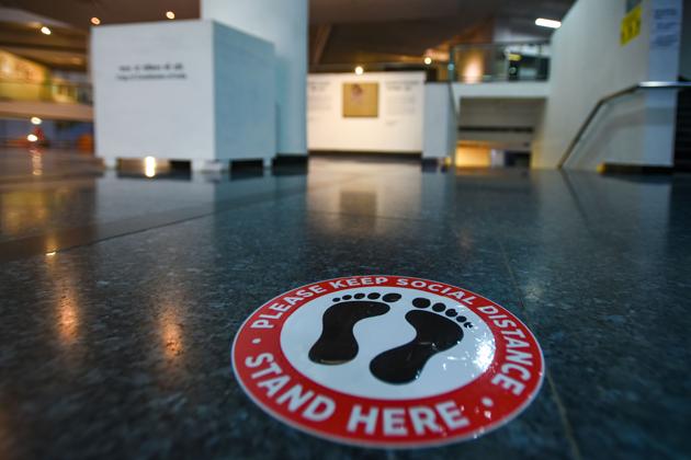 A social distancing marker placed inside National Gallery of Modern Art after it re-opened amid coronavirus outbreak, in New Delhi, India, on Tuesday, November 10, 2020. (Amal KS/HT PHOTO) A social distancing marker placed inside National Gallery of Modern Art after it re-opened amid coronavirus outbreak, in New Delhi, India, on Tuesday, November 10, 2020. (Amal KS/HT PHOTO)