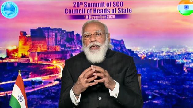 Prime minister Narendra Modi addresses the 20th Shanghai Cooperation Organisation (SCO) summit, via video conferencing, in New Delhi. (PTI) Prime minister Narendra Modi addresses the 20th Shanghai Cooperation Organisation (SCO) summit, via video conferencing, in New Delhi. (PTI)