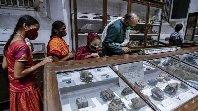 A family looks at exhibits on display at the Indian Museum in Kolkata on November 10. The museum, as well as Science City, another city attraction, were adapting to Covid-19 by restricting the flow of people in halls and also limiting visiting hours, officiating Director of Indian Museum, Kolkata, A D Choudhury told PTI. (Bikas Das / AP)