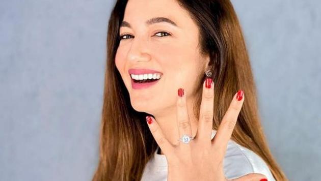 Gauahar Khan shows off her new engagement ring.