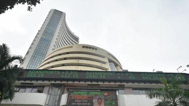 A screen on the facade of BSE building in Mmumbai. (PTI) A screen on the facade of BSE building in Mmumbai. (PTI)