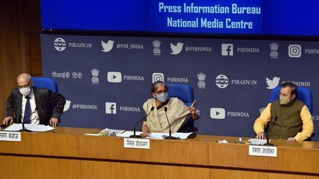 Union Finance Minister Nirmala Sitharaman addresses a press conference on Cabinet decisions, in the presence of Union Environment Minister Prakash Javadekar at National Media Centre, in New Delhi. (Sanjeev Verma/HT PHOTO) Union Finance Minister Nirmala Sitharaman addresses a press conference on Cabinet decisions, in the presence of Union Environment Minister Prakash Javadekar at National Media Centre, in New Delhi. (Sanjeev Verma/HT PHOTO)