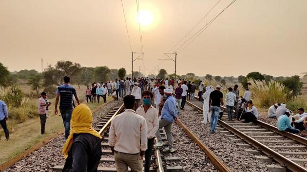 The protesters had been squatting on a rail track in Bharatpur’s Bayana affecting traffic on the Delhi-Mumbai rail route(HT Photo) The protesters had been squatting on a rail track in Bharatpur’s Bayana affecting traffic on the Delhi-Mumbai rail route(HT Photo)