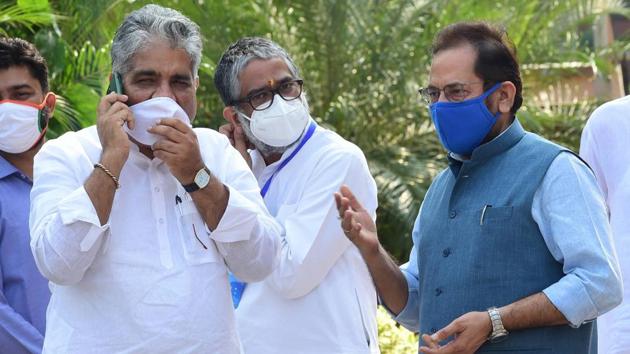 Bharatiya Janata Party’s (BJP) Bihar in-charge, Bhupender Yadav and others during the ongoing Monsoon Session, at Parliament House in New Delhi.(PTI) Bharatiya Janata Party’s (BJP) Bihar in-charge, Bhupender Yadav and others during the ongoing Monsoon Session, at Parliament House in New Delhi.(PTI)